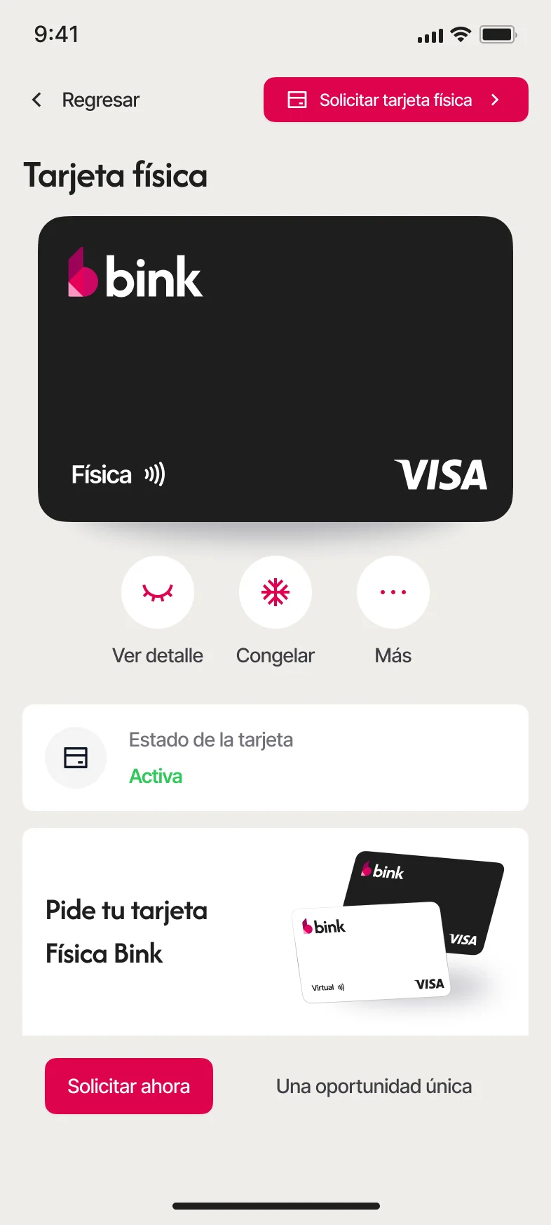 Tarjeta física con opción de congelar